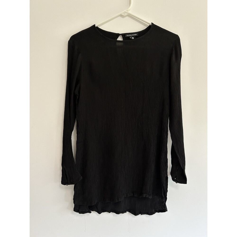 EILEEN FISHER Top Small Crinkle Gauze‎ Chiffon Tunic V-Neck Long Sleeve Black